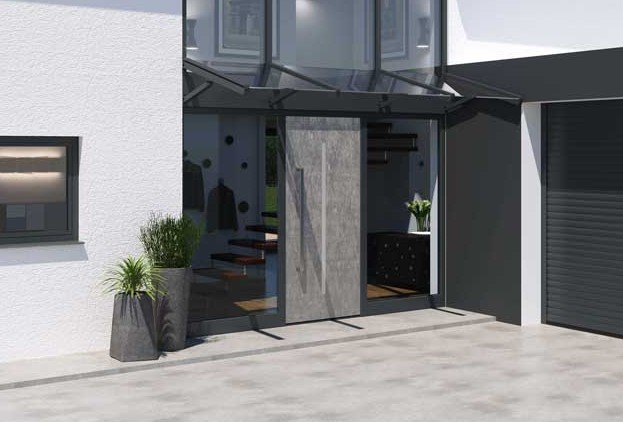 SD-Aussenansicht Wohnhaus mit Haustuer und Ueberdachung