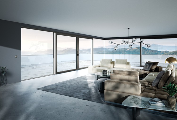 Vchodové dveře Le Corbusier - přední strana terasových dveří s šedým rámem