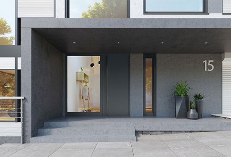 Designvielfalt-RAL- und DB-Farben-Aussenansicht Wohnhaus mit ueberdachter Haustuer