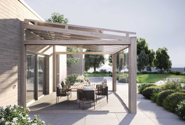 Sliding glass wall canopy with wooden facade