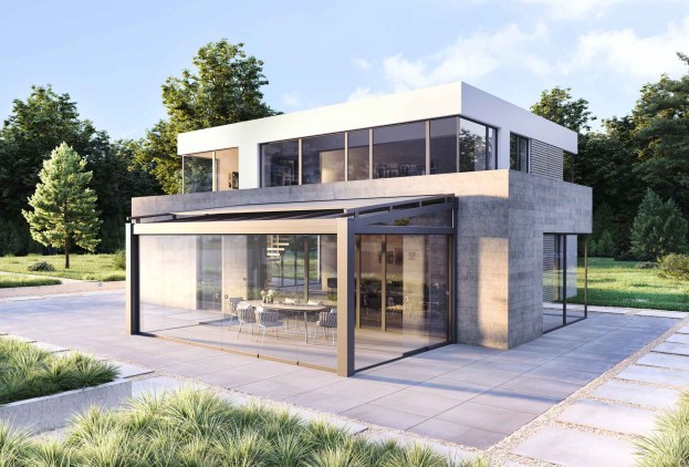 Sliding glass wall residential building with roofing and sliding glass wall